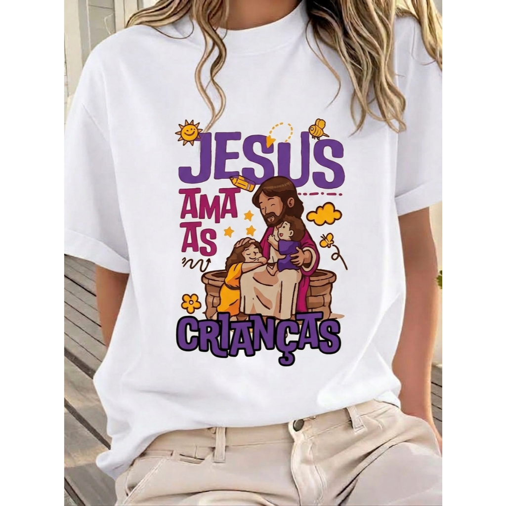 Camiseta Infantil Cristã Jesus Ama as Crianças Camisa 100% Algodão Estampa Premium