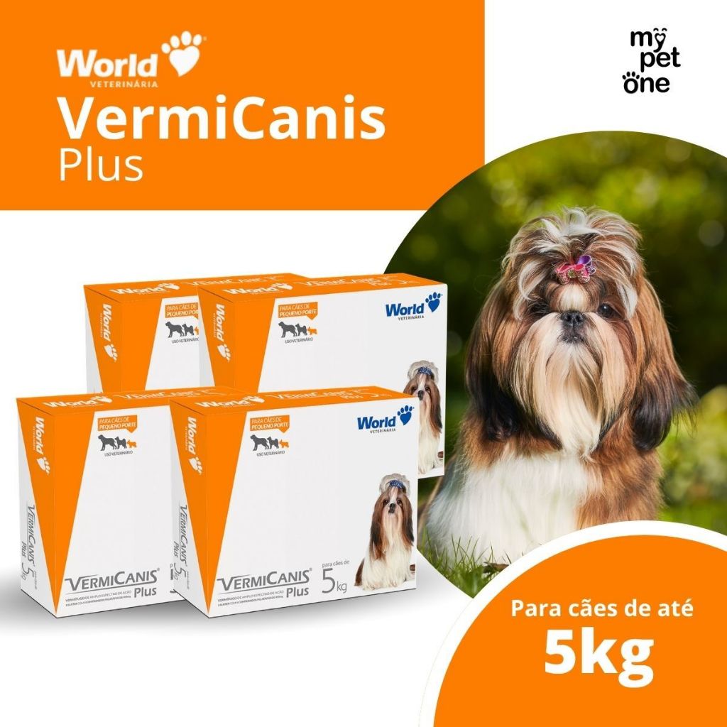 Kit 4 VermiCanis Plus Vermífugo World para Cães de 5Kg - 4 Comprimidos