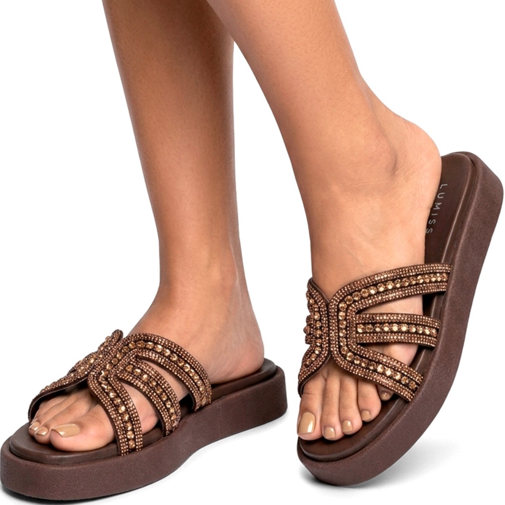 Sandália Feminina Lumiss Flatform Tamanco Confortável Brilho Casual Strass · foto 2