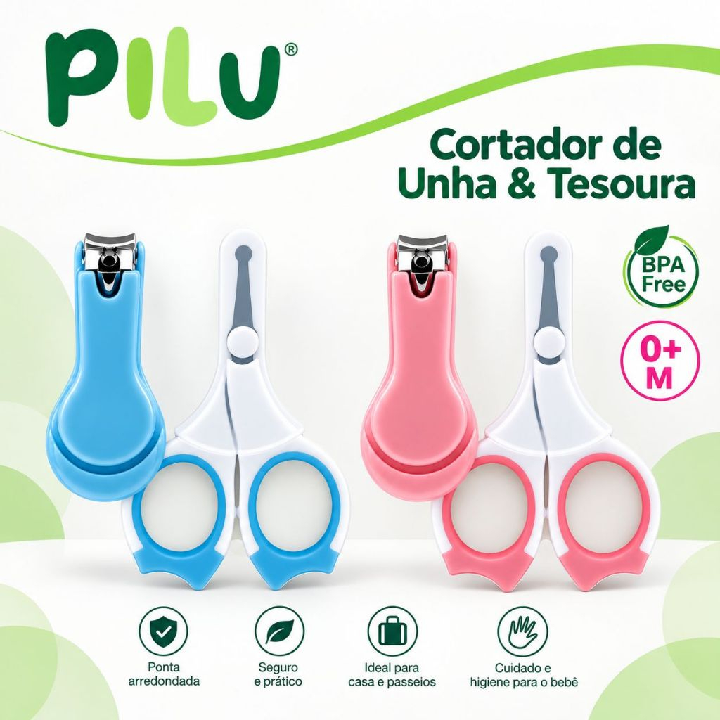 Kit Higiene Infantil 2 Peças Cuidados Bebe Recém Nascido Cortador de Unha e Tesoura Pilu