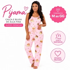 Pijama Feminino Calça e Blusa de Alça em Suede Premium Estampado | M ao GG