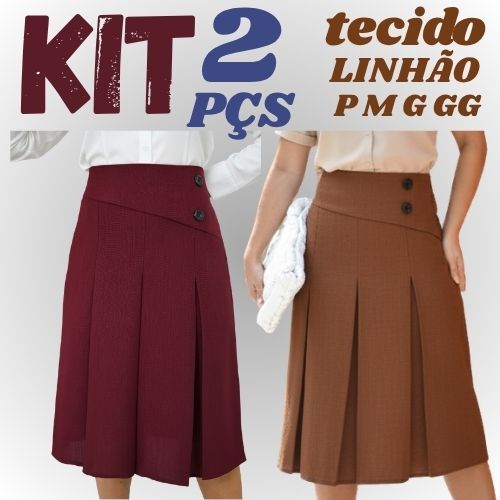 kit 2 Saias Midi Feminina 2 Botão Plissado Social Moda Evangélica