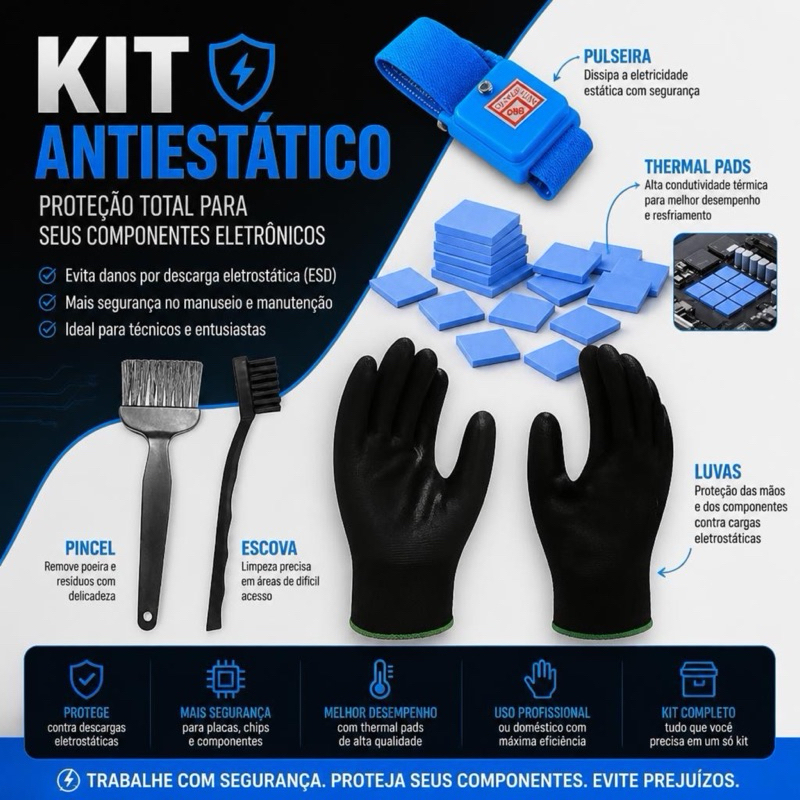 Kit Antiestático ESD com 20 Thermal Pads (1,5mm) Luvas + Pincel + Escova + Pulseira - Manutenção de Placas Processadores