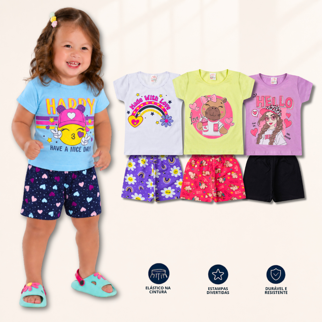 Kit Infantil Feminino Verão 3 Conjuntos 100% Algodão com 3 Blusas + 3 Shorts Menina Tamanhos 1 ao 14