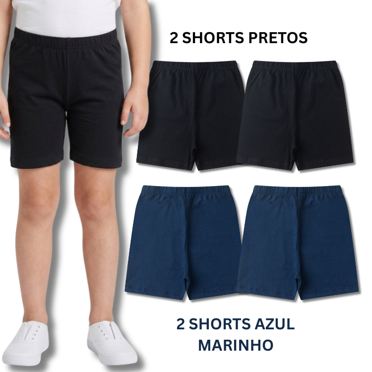 Kit Bermuda Ciclista Escolar Preta e Azul Marinho Menina/Feminina Infantil e Juvenil - Shorts Liso