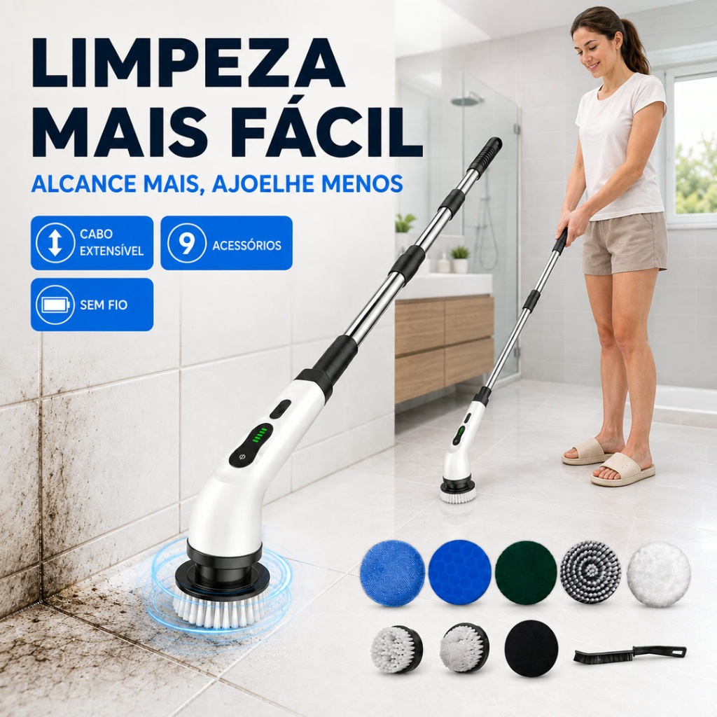 Escova Elétrica Giratória 9 em 1 Recarregável com Cabo Extensível para Banheiro e Cozinha