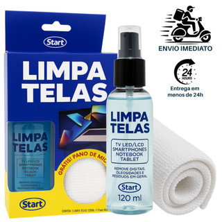 Limpa Telas 120ml + Pano Microfibra Remove Sujeira, Digitais e Desinfeta Celular, TV, Tablet, Laptop