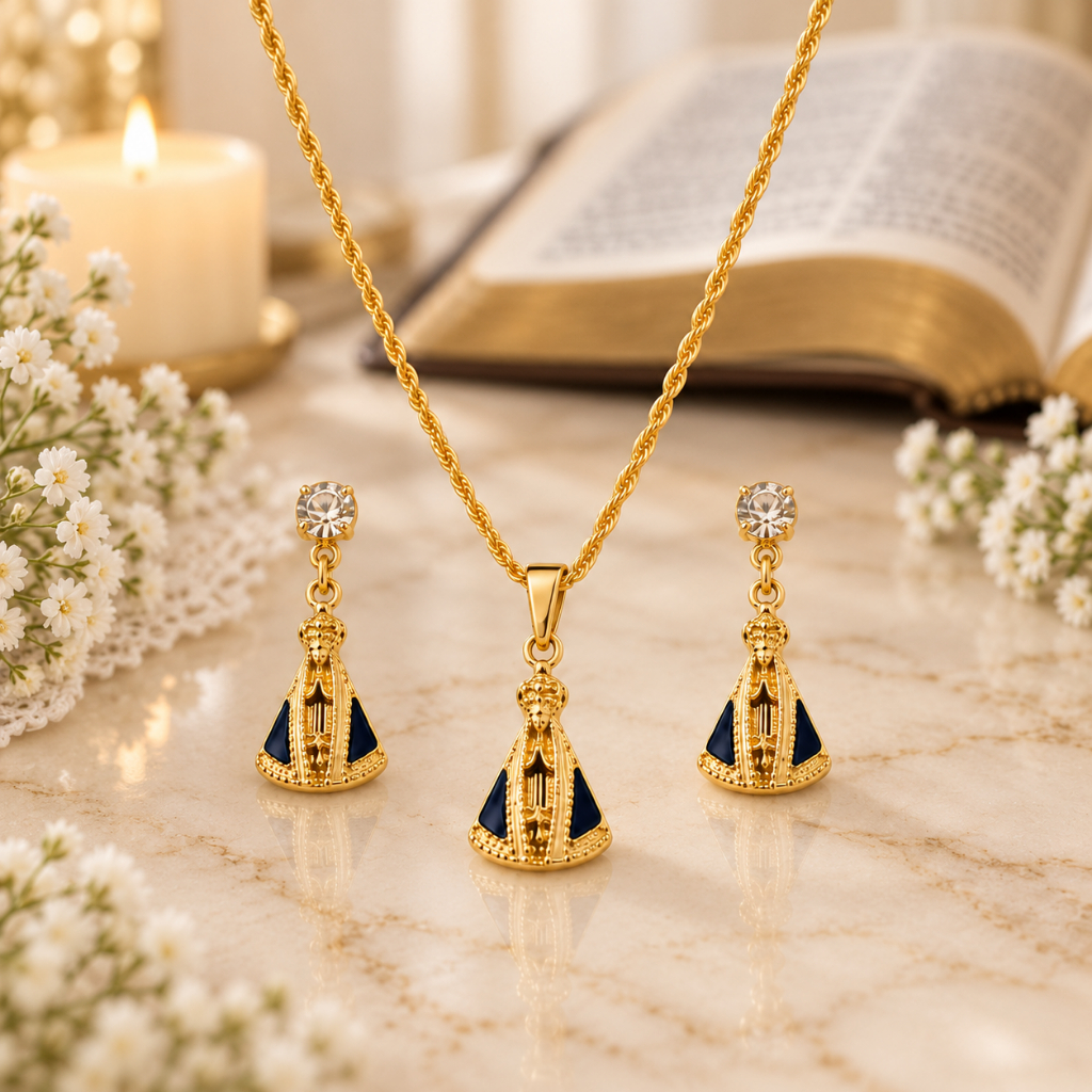 Conjunto Nossa Senhora Aparecida MINIMALISTA Folheado a Ouro – Brincos + Colar