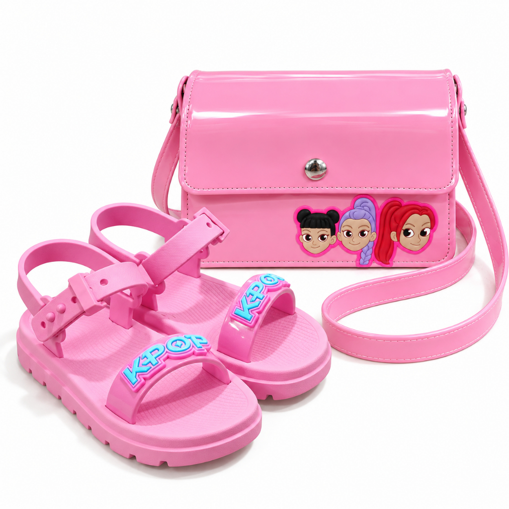 Kit Sandália Papete Infantil de Menina K-POP Leve Confortável + Bolsa Infantil Transversal Tiracolo