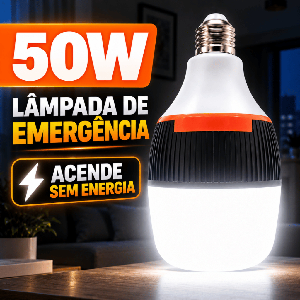 Lâmpada de Emergência LED 50W E27 Recarregável Até 6h para Falta de Energia