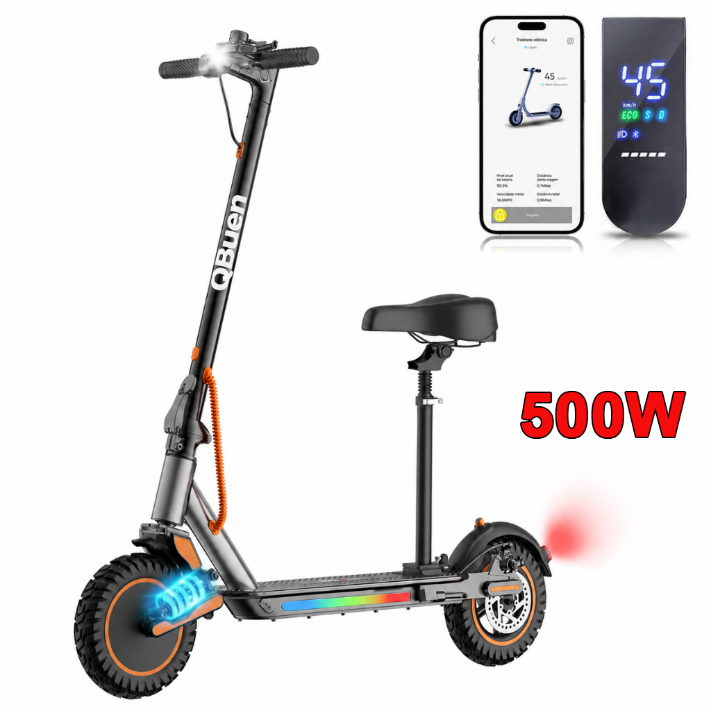 Patinete Elétrico 500W com Assento Ajustável | Bateria 10Ah, 25km | Carga 120kg, 45km/h, Dobrável