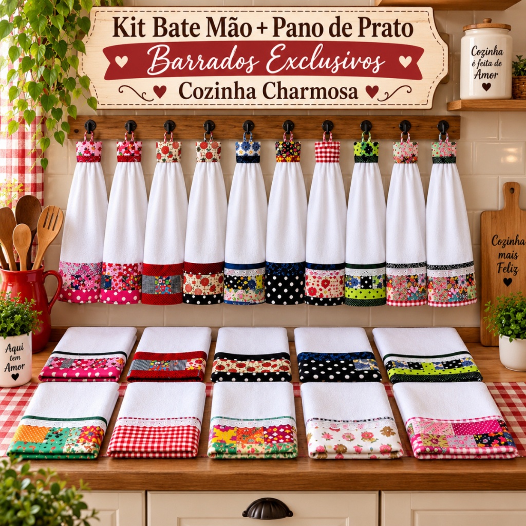 Kit Pano de Prato Cozinha Com Bate Mão Toalha de Mão Lindos Barrados Sortidos e Natalinos Atacado Revenda Promoção