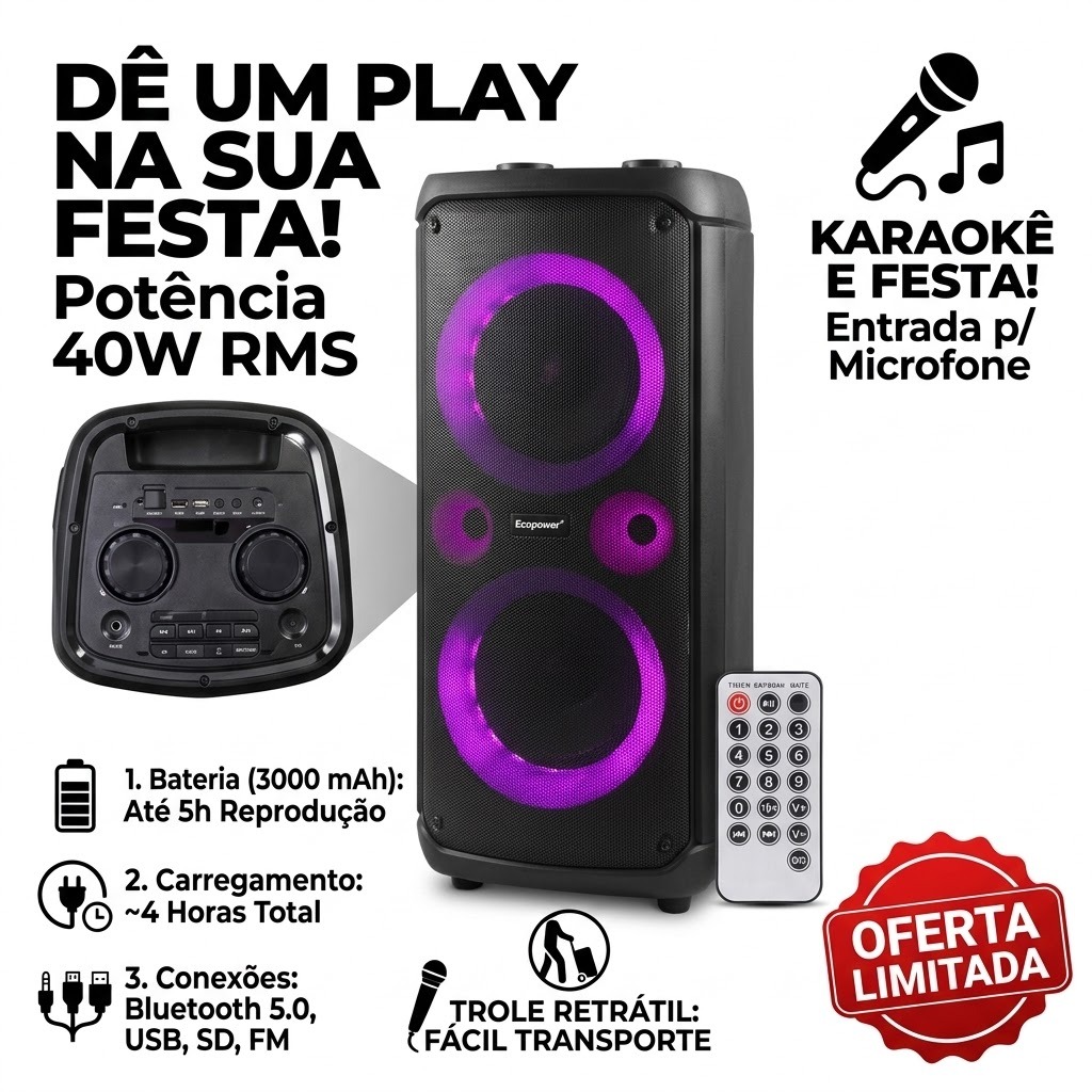 Caixa De Som Portatil Torre Ecopower EP2225 Bluetooth Bateria Recarregavel 40W Karaokê USB FM