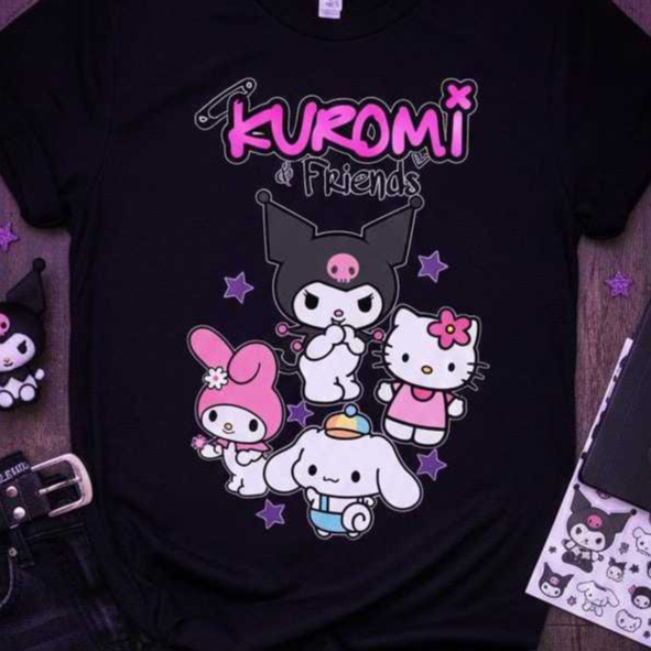 Camiseta Kuromi Friends Camisa Feminina Estilosa Desenho amiga Hello kit My Melody e Cinnamoroll Adulto e Infantil.