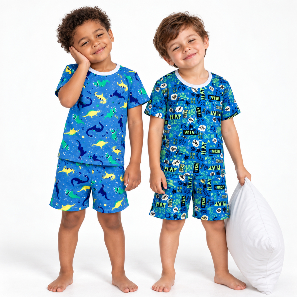 KIT 2 conjuntos masculinos pijama short e blusa manga curta confortável para dormir menino azul estampado AJZ