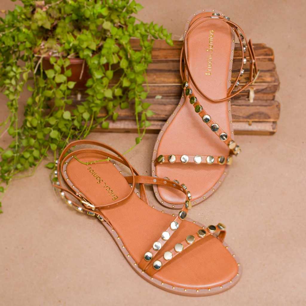 Rasteirinha Feminina Caramelo Pedrarias Sandália Confortável Casual Fashion Premium