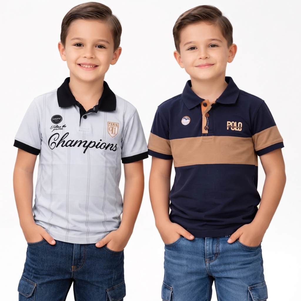 kit 2 peças camiseta polo infantil masculina algodão tamanho 4 a 16 anos