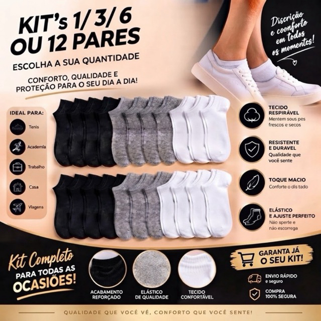 Kit 1/3/6/12 Pares de Meias Soquete Unissex Cano Curto Confortável Respirável Esportes Unissex Feminina Masculina Tênis