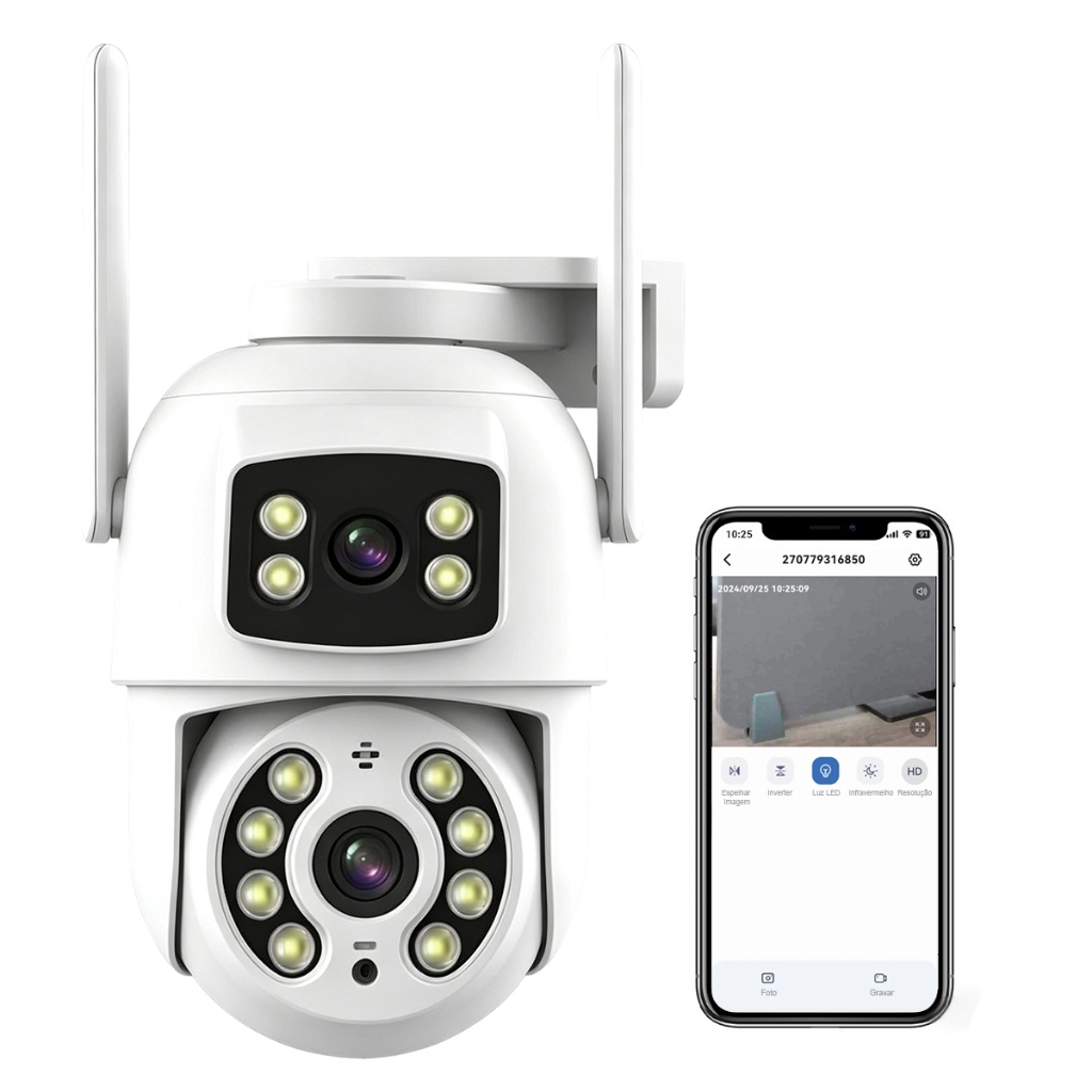 Camera Ip Externa Wifi Dupla Lente 360 PTZ Prova Dagua Visao Noturna Infravermelho 4K Zoom Digital Alerta Movimento App