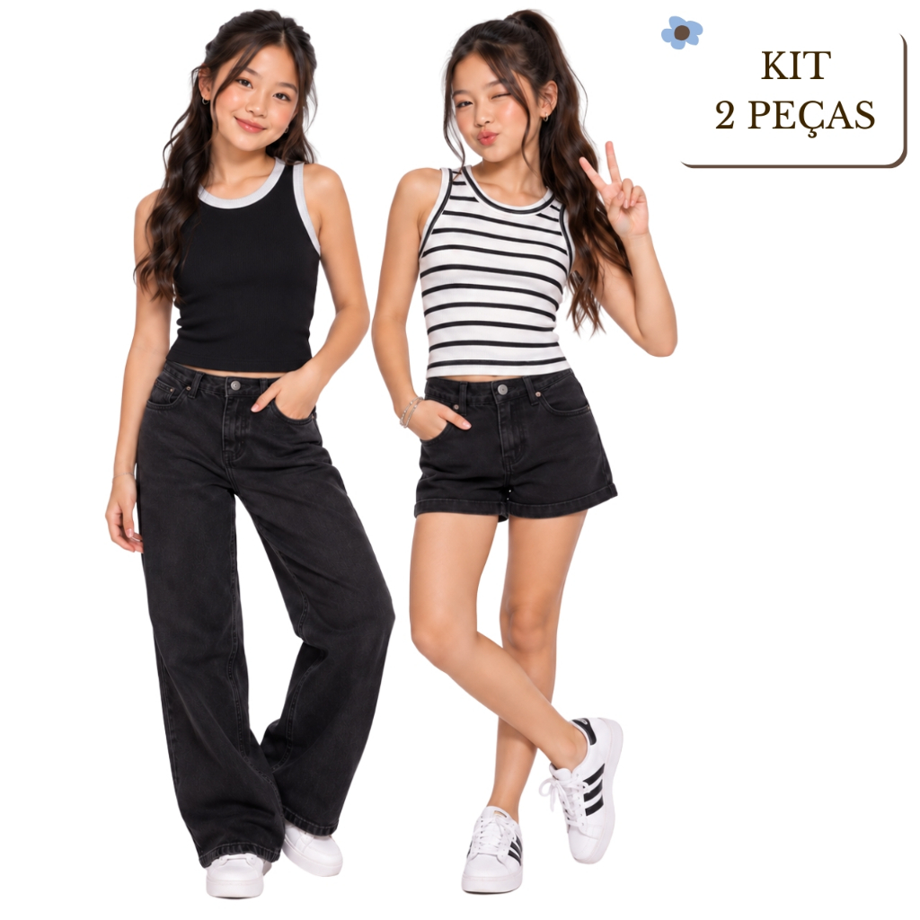 Kit 2 Peças Regata Cropped Juvenil Menina Blusa Feminina Canelada Básica Verão