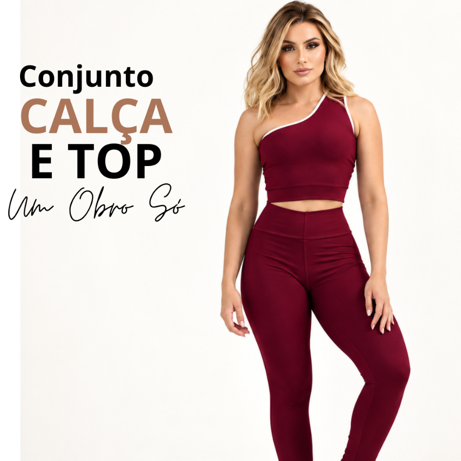 Conjunto Academia Feminino Top Um Ombro Legging Cintura Alta Zero Transparência