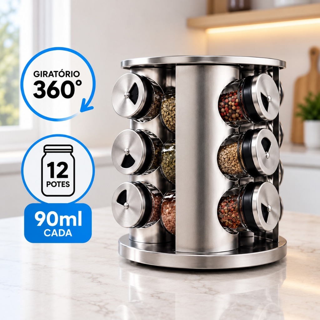 Porta Tempero Condimento Inox 12 Potes Suporte Giratório