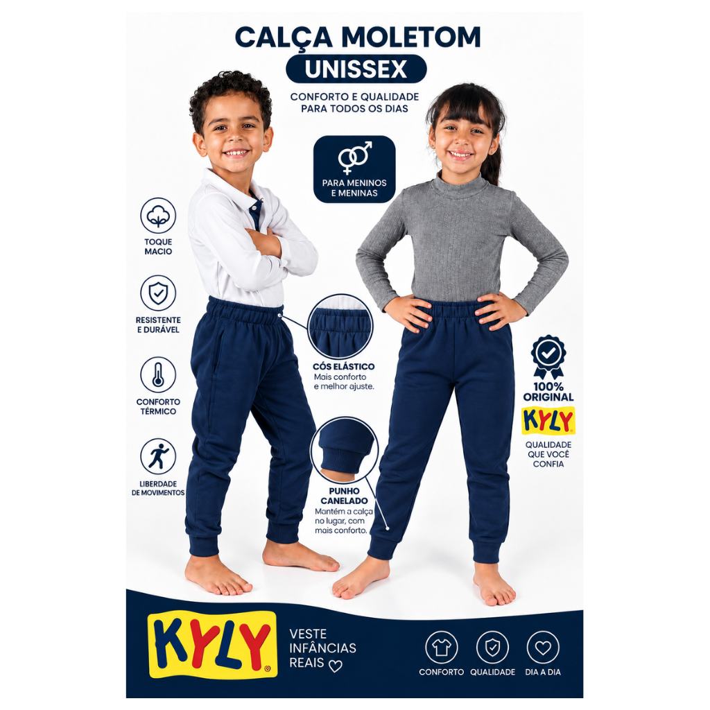 Calça Moletom Flanelado Infantil Unisex Confortavel Kyly com Punho do 04 ao 16 Quentinho