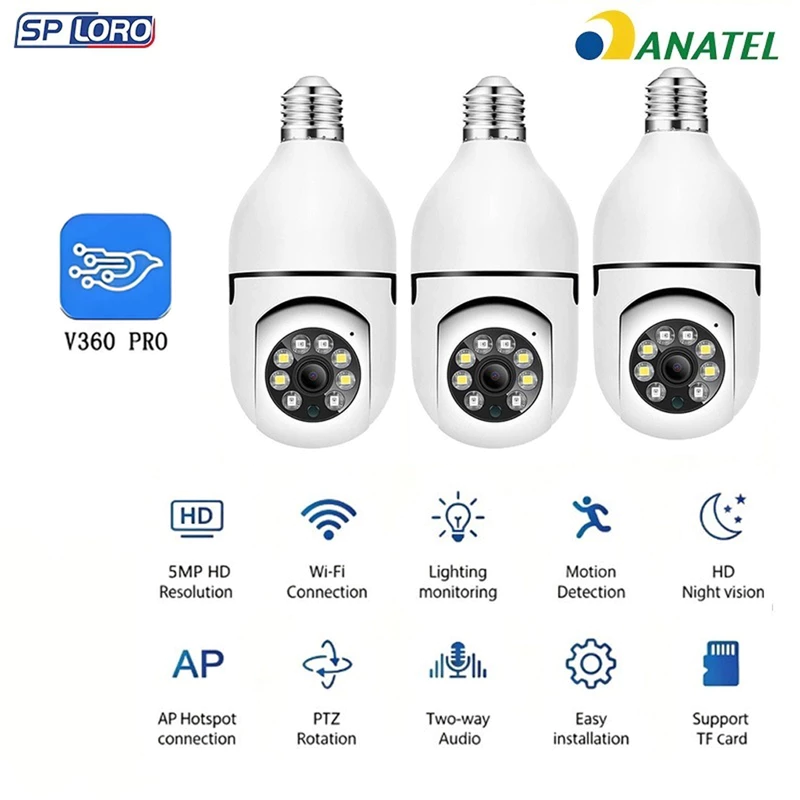 Câmera de Segurança WiFi Full HD 360° com Microfone e Lâmpada Sem Fio