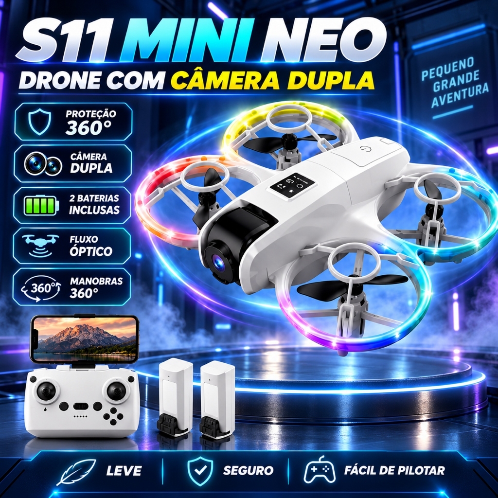 Drone S11 Mini Neo Câmera 4K, Proteção 360°, Envio do Brasil, Controle 2.4GHz, Drone Seguro para Crianças Iniciantes
