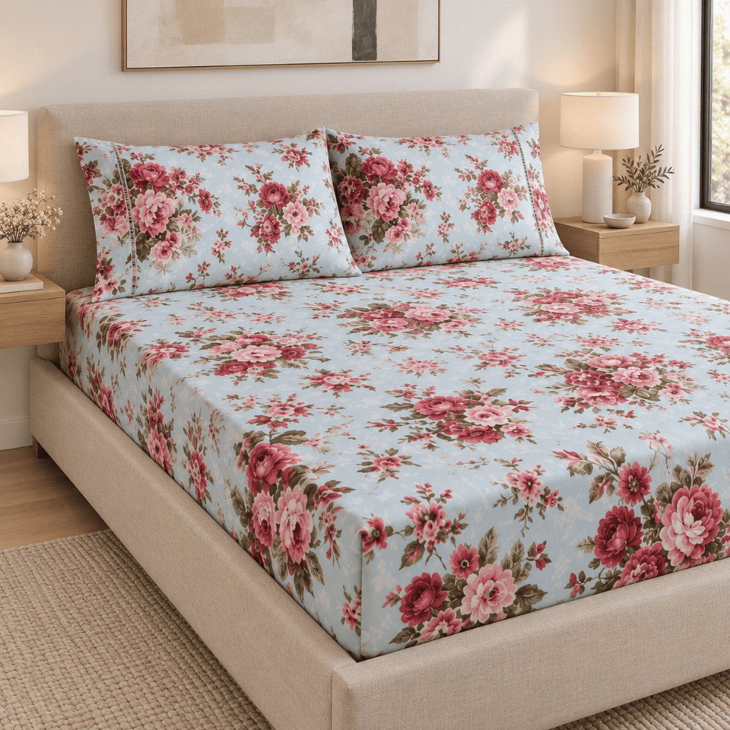Lençol Casal Queen King Solteiro Jogo Cama Elástico Floral Estampado 3 Peças Box Micropercal