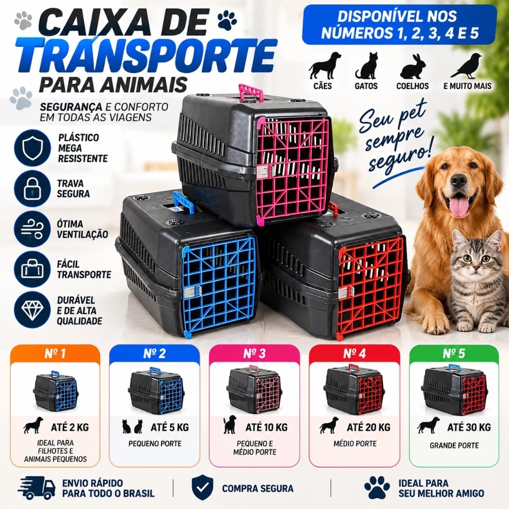 Caixa de Transporte Pet 30kg a 50kg Reforçado com Ventilação 7 parafusos Nº1 N°2 N°3 e N°4
