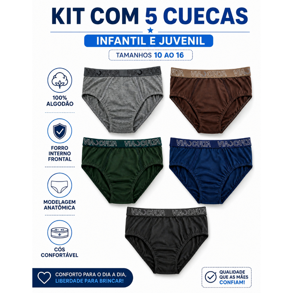 KIT 5 CUECA MENINO INFANTIL JUVENIL ALGODÃO PREMIUM FORRADA ELASTICO APARENTE