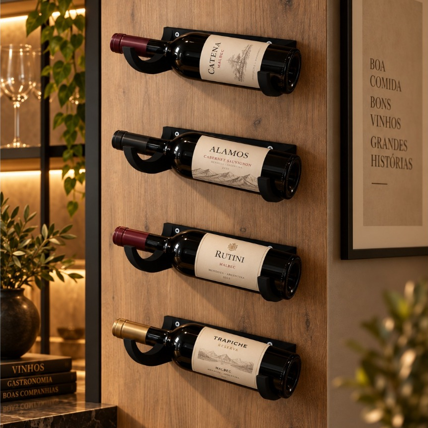 Kit 4 Porta Garrafas de Vinho Parede Preto | Suporte Adega Decorativa Moderna para Vinhos Amo 3D Decor — imagem 2 de 2