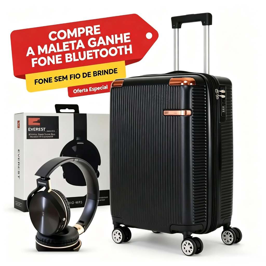 Mala de Viagem com Rodinhas 360° + Fone Bluetooth Sem Fio de Brinde | Mala Resistente com Cadeado