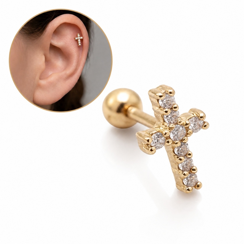 Piercing Cartilagem Orelha Cruz Zircônia Brilhante Aço Inoxidável Parafuso Jóia Feminina Moda
