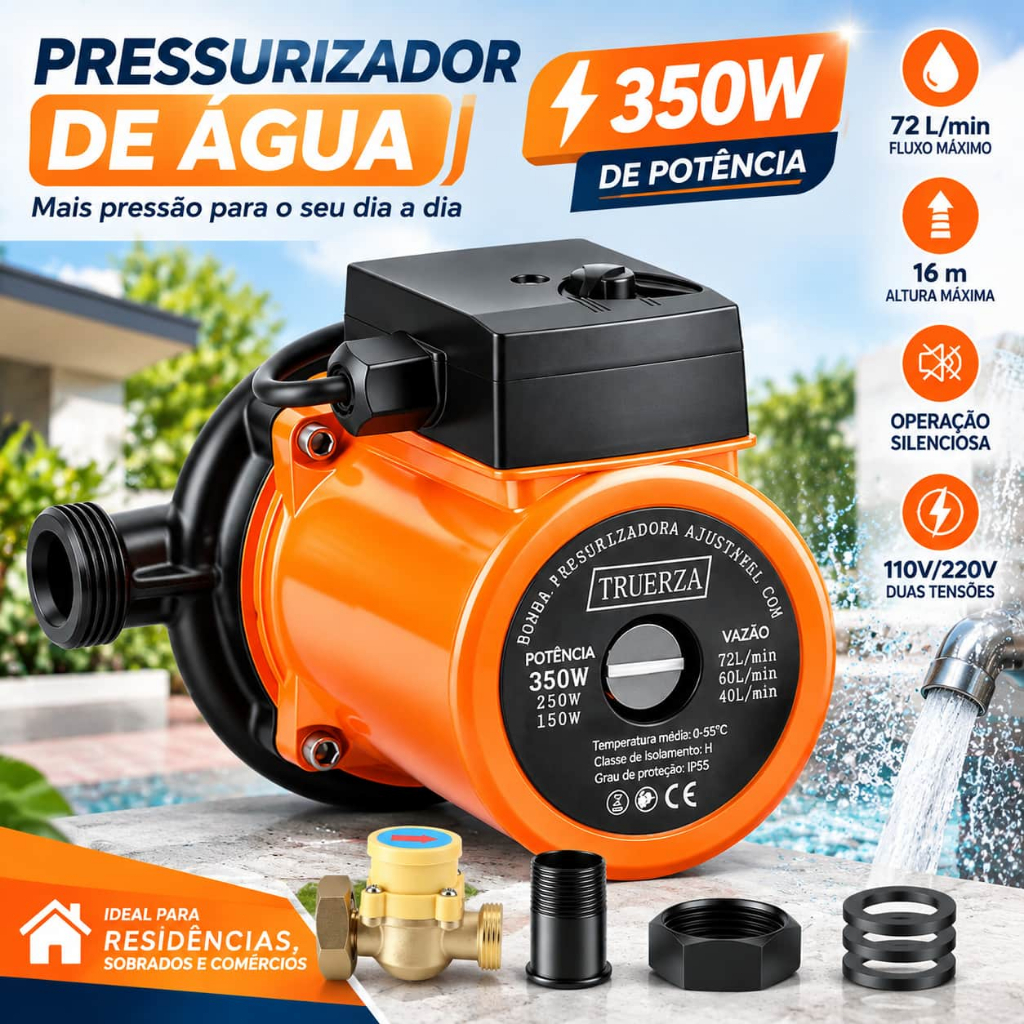 Pressurizador de Água 350W Automático 72L/min 16m 127V/220V para Água Quente e Fria