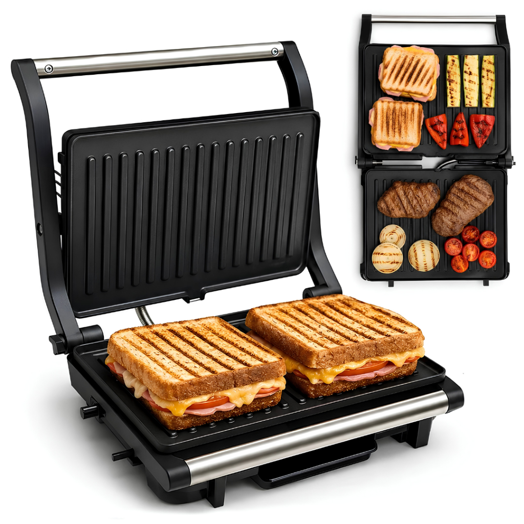 Grill Prensa Sanduíche 1000W Abre 180° Chapa Dupla Antiaderente para Panini Carnes e Lanches Doméstico