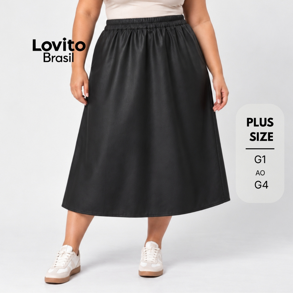 Lovito Plus Size Saia Couro Ecologico Feminina Liso Elegante SKB734BRL764