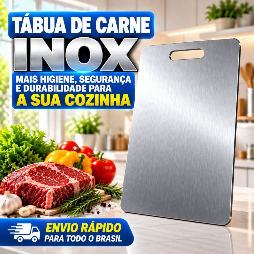 Tábua Corte Inox Churrasco Carne Legumes Frutas Cozinha Resistente Higiênica Fácil de Limpar