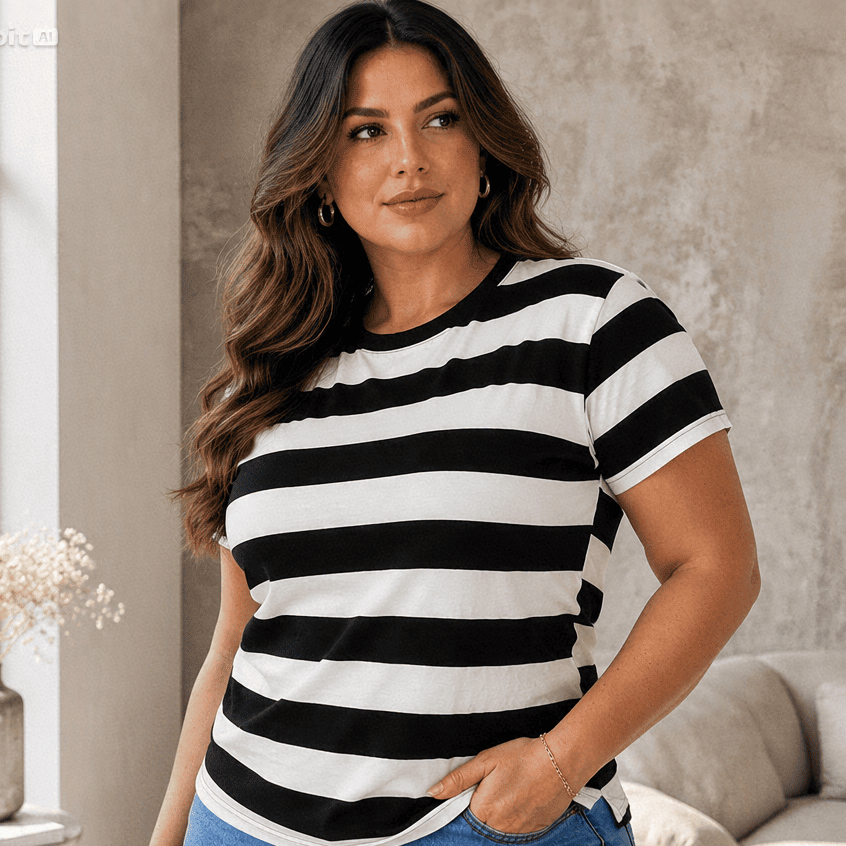 Camiseta Feminina Plus Size 44-48 em Malha Viscolycra Gola Redonda Manga Curta Básica Confortável Casual