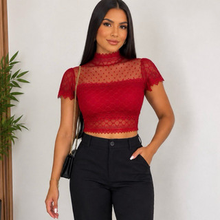 Cropped Renda Gola Alta Com bojo