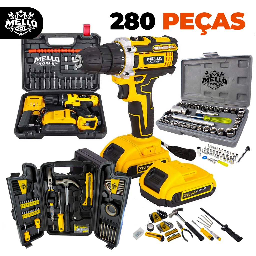 Jogo Kit Ferramentas 280 Peças com Parafusadeira/Furadeira 21V Sem Fio + Jogo de Soquete e Maleta Completa Profissional