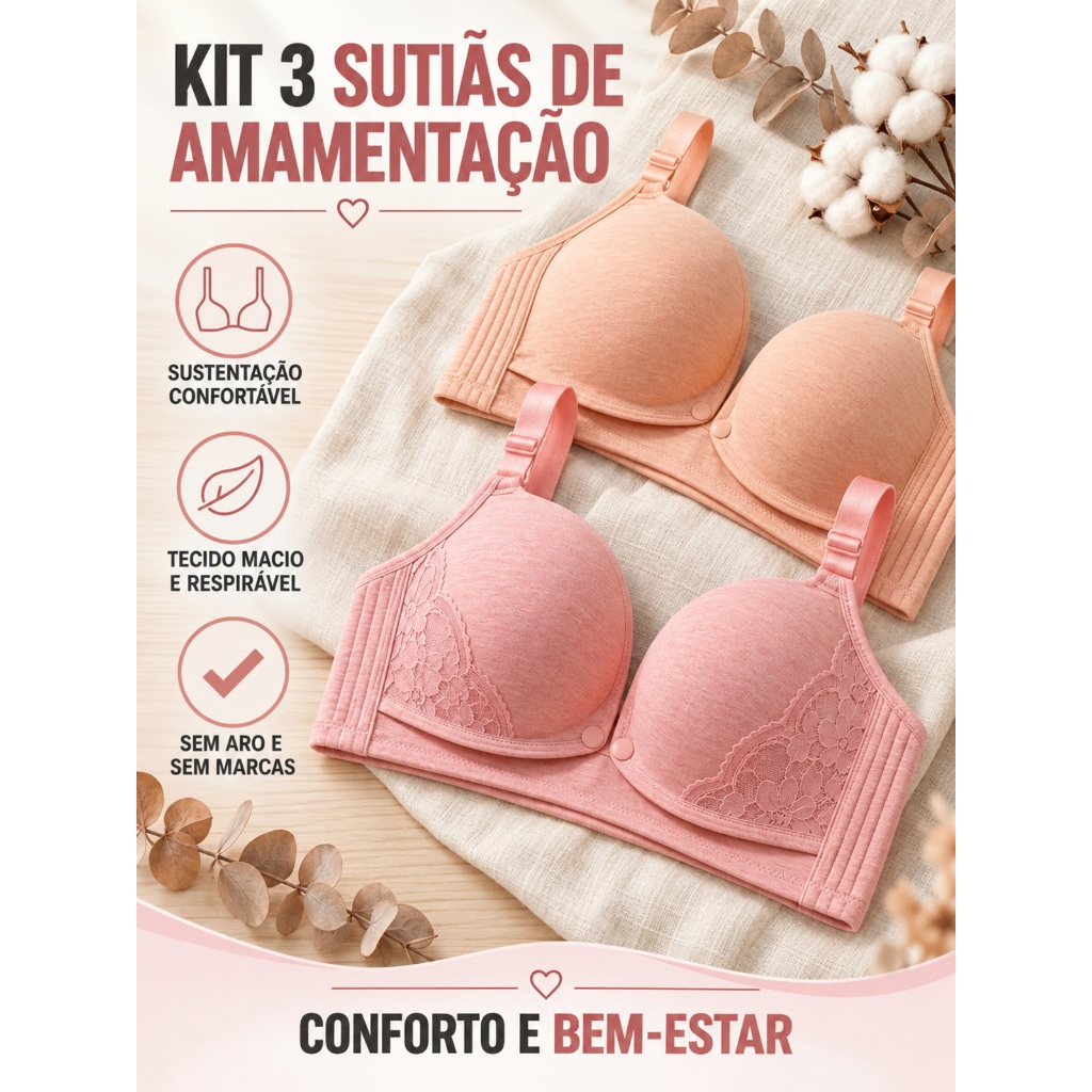 Kit 3 Sutiã de Amamentação Gestante Maternidade Bojo Reforçado Confortável Pós-Parto Abertura Frontal