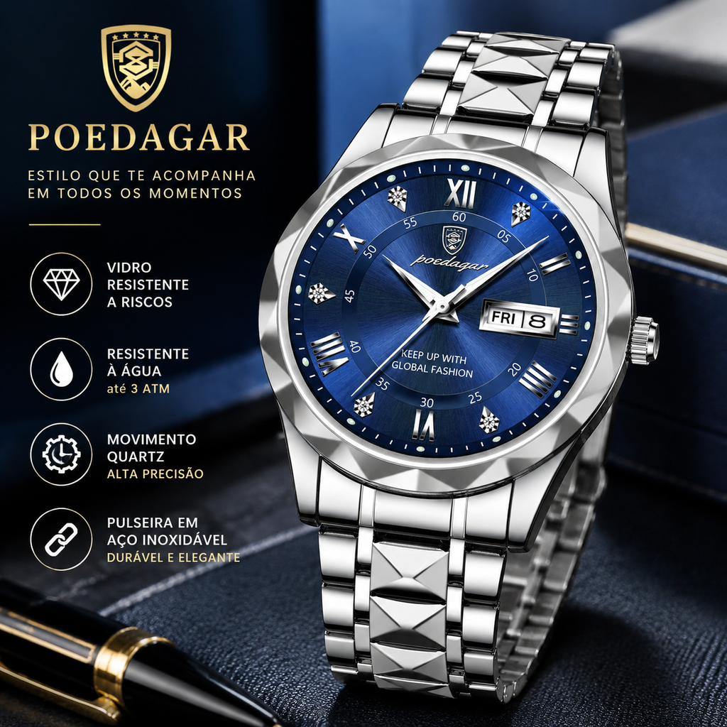 Relógio POEDAGAR 615 Estilo Luxo Masculino Bicolor, Detalhes com Pedras, Calendário, Excelente Opção de Presente para