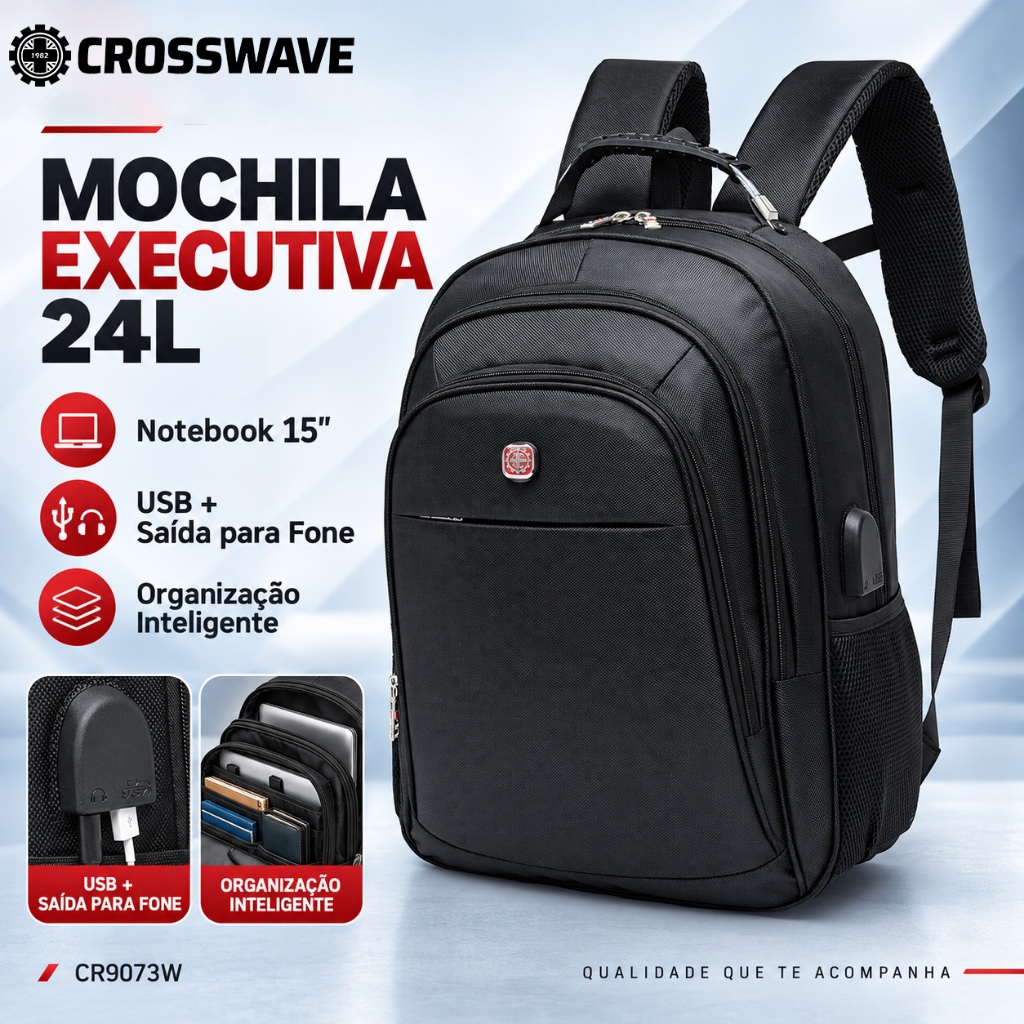 Mochila Masculina Crosswave Executiva Grande Reforçada para Trabalho Faculdade e Dia a Dia