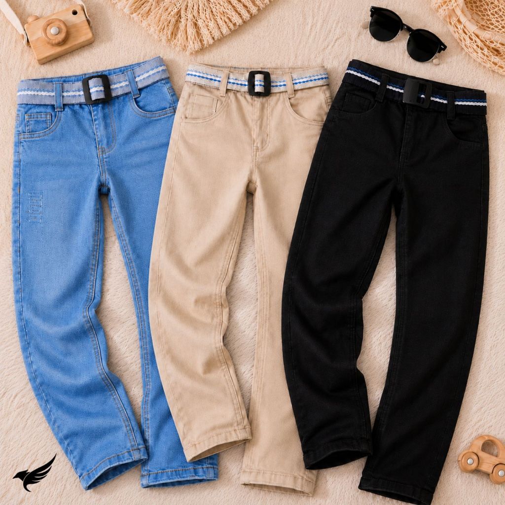 Kit 3 Calça Jeans Sarja Infantil Menino Com Cinto