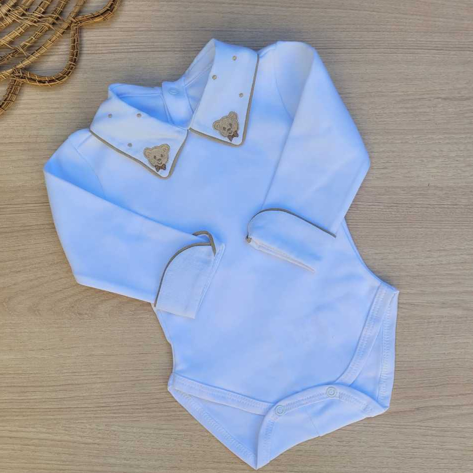 Body menino gola camisa branco urso poá