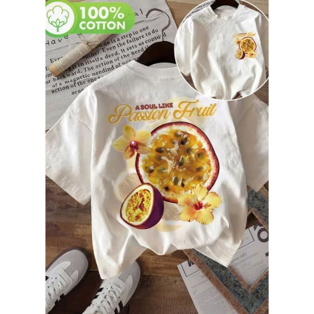 Camiseta Feminina Estampada com: Passion Fru- Moderna Estampada 100% Algodão Manga Curta Gola Redonda Tecido Confortável