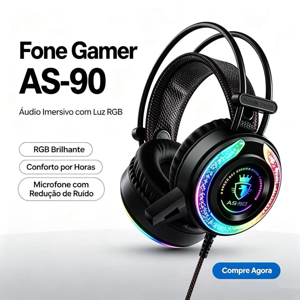 Headset Gamer AS-90 Com Microfone, Iluminação RGB, Entradas USB + P2 para Computador