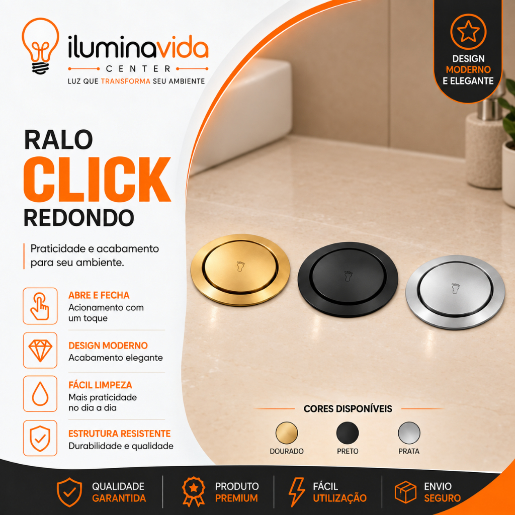 Ralo Redondo Click 10x10 Anti Odor Tampa Oculta Inox Banheiro Área Gourmet Cromado Preto Dourad